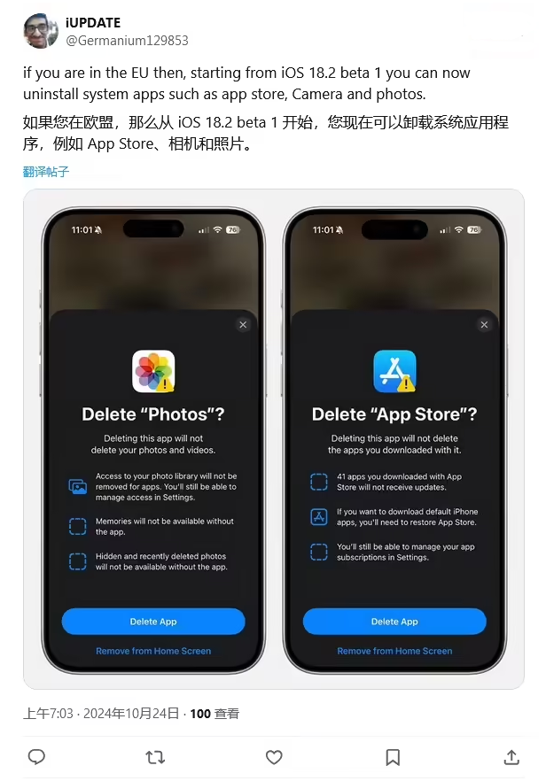 朝阳苹果手机维修分享iOS 18.2 支持删除 App Store 应用商店 